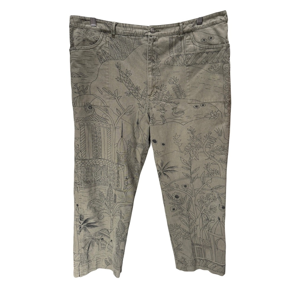 Chicos Design Pants Womens 16 Olive Green Toile Landscape Print Straight Vintage